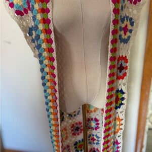 Elan Crochet Granny Square Maxi Vest - Multicolor on Cream